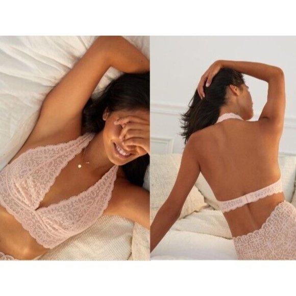 Anthropologie Other - Anthropologie Lacy Halter Plunge Bralette Floral Sz L Peach Wireless NWOT